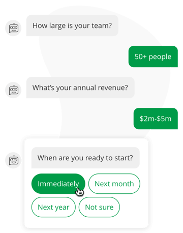 A chatbot conversation asking qualifiying questions to a potential lead